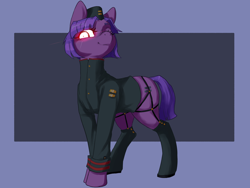 Size: 4000x3000 | Tagged: safe, artist:doofrabbit, oc, oc only, earth pony, pony, equestria at war mod, boots, clothes, dark background, equal cutie mark, evil, female, glowing, glowing eyes, mare, military, military uniform, passepartout, shoes, solo, uniform