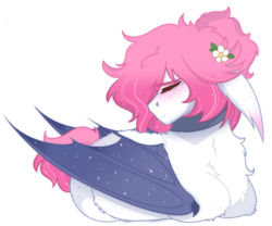 Size: 1401x1164 | Tagged: safe, anonymous artist, oc, oc only, oc:clumsy von heim, original species, pony, undead, vampire, vampony, bat wings, blushing, chest fluff, choker, cute, ear fluff, eyes closed, flower, flower in hair, folded wings, lying down, male, ponyloaf, prone, simple background, solo, stallion, transparent background, wings