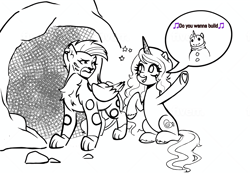 Size: 4126x2874 | Tagged: safe, alternate character, alternate version, artist:spring_spring, allura, izzy moonbow, aq bars, big cat, leopard, pony, snow leopard, unicorn, g5, my little pony: tell your tale, ooh a new friend, spoiler:g5, spoiler:my little pony: tell your tale, spoiler:tyts02e20, ..., cave, commissioner:zcord, do you want to build a snowman, duo, duo female, eyebrows, female, frozen (movie), horn, ice cave, raised eyebrow, reference to another series, sketch, snow, snowman, snowpony, sparkles, winged big cat, wip