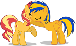 Size: 7012x4230 | Tagged: safe, artist:creedyboy124, sunset shimmer, oc, oc:flare spark, pegasus, pony, unicorn, g4, canon x oc, duo, duo female, eyes closed, female, folded wings, horn, kissing, lesbian, mare, pegasus oc, ship:flareset, shipping, simple background, transparent background, vector, wings