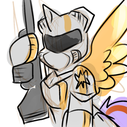 Size: 889x887 | Tagged: safe, artist:zutcha, oc, oc only, alicorn, pony, armor, gun, helldivers 2, hoof hold, male, rifle, simple background, sketch, solo, stallion, weapon, white background