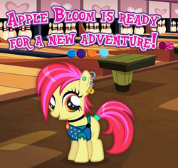 Size: 525x496 | Tagged: safe, gameloft, apple bloom, earth pony, pony, g4, my little pony: magic princess, alternate hairstyle, bowling alley, bowling ball, bowling pin, clothes, collar, dyed hair, dyed mane, dyed tail, ear piercing, edgy apple bloom, eyelashes, female, filly, foal, looking at you, makeup, piercing, punk, solo, table, tail, text, tomboy, torn clothes, totally radical