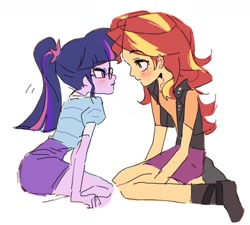 Size: 1056x951 | Tagged: safe, artist:wooodd_, sci-twi, sunset shimmer, twilight sparkle, human, equestria girls, g4, my little pony equestria girls: better together, duo, duo female, female, humanized, lesbian, looking at each other, looking at someone, ship:sci-twishimmer, ship:sunsetsparkle, shipping, simple background, white background