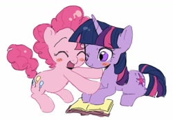 Size: 1197x834 | Tagged: safe, artist:wooodd_, pinkie pie, twilight sparkle, earth pony, pony, unicorn, g4, book, cute, daaaaaaaaaaaw, diapinkes, duo, duo female, eyes closed, female, lesbian, one eye closed, open mouth, open smile, pink coat, ship:twinkie, shipping, simple background, smiling, twiabetes, unicorn twilight, white background