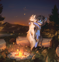 Size: 2500x2622 | Tagged: safe, artist:mirroredsea, oc, oc:kolo (koloml), arctic fox, fox, pony, unicorn, 2024, black mane, blue fur, campfire, clothes, collar, commission, cute, digital art, evening, feral, grass, horn, log, male, necktie, outdoors, sitting, stallion, studded collar, teal eyes, tree, white fur