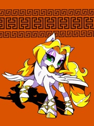 Size: 1200x1600 | Tagged: safe, artist:stacy_165cut, oc, oc only, oc:golden apple (stacy_165cut), pegasus, pony, abstract background, apple, ballet slippers, big eyes, blonde mane, blonde tail, colored hooves, eyelashes, eyeshadow, female, female oc, food, golden apple, green eyes, hooves, lidded eyes, long mane, long tail, makeup, mare, mare oc, mouth hold, pink eyeshadow, raised hoof, screentone, shiny hooves, shiny mane, shiny tail, solo, spread wings, standing on three hooves, tail, three quarter view, white coat, wingding eyes, wings, yellow hooves, yellow mane, yellow tail