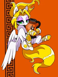 Size: 1200x1600 | Tagged: safe, artist:stacy_165cut, oc, oc only, oc:golden apple (stacy_165cut), pegasus, pony, abstract background, ballet slippers, big eyes, blonde mane, blonde tail, clay pot, eyelashes, eyeshadow, female, female oc, flying, green eyes, holding, hoof hold, lidded eyes, long mane, long tail, looking away, looking offscreen, makeup, mare, mare oc, pink eyeshadow, raised hoof, screentone, shiny hooves, shiny mane, shiny tail, smiling, solo, tail, three quarter view, white coat, wingding eyes, yellow mane, yellow tail