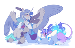 Size: 2646x1679 | Tagged: safe, artist:glorymoon, oc, oc only, oc:prince plushy soft, oc:stell, alicorn, unicorn, cloven hooves, cute, duo, feather, fluffy, gay, horn, male, pillow, simple background, soft, white background, wings