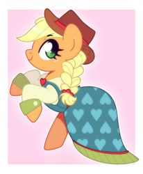 Size: 1400x1700 | Tagged: safe, artist:vivian reed, applejack, earth pony, pony, g4, the big mac question, alternate hairstyle, applejack's country dress, clothes, dress, female, formal wear, gown, heart, heart eyes, mare, no pupils, passepartout, rearing, signature, solo, wingding eyes