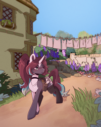 Size: 2000x2500 | Tagged: safe, artist:lionbun, oc, oc only, oc:novellis, pony, unicorn, clothes line, garden, horn, male, outdoors, parchment, solo, stallion, watermark