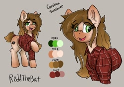 Size: 2568x1807 | Tagged: safe, artist:reddthebat, oc, oc only, oc:carolina sunshine, earth pony, pony, bust, clothes, eye clipping through hair, eyebrows, eyebrows visible through hair, female, gray background, looking at you, mare, plaid shirt, reference sheet, shirt, simple background, smiling, smiling at you, solo