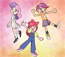 Size: 3418x3022 | Tagged: safe, artist:curetortellini, apple bloom, scootaloo, sweetie belle, human, g4, :d, boots, clothes, converse, cutie mark crusaders, dress, full body, gradient background, humanized, looking at you, multicolored background, open mouth, open smile, overalls, shirt, shoes, shorts, smiling, sneakers, socks, t-shirt