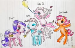 Size: 1497x951 | Tagged: safe, artist:chatotpaint, kimono, minty, pinkie pie (g3), sparkleworks, bee, butterfly, dragonfly, earth pony, insect, ladybug, pony, g3, alternate hairstyle, balloon, bipedal, blushing, braid, braided pigtails, curly mane, cute, eyes closed, floating, lined paper, march, mintabetes, new hairstyle, pigtails, ponytail, short hair, show accurate, standing on two hooves, traditional art, wavy mane