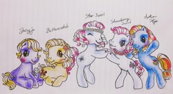 Size: 1600x870 | Tagged: safe, artist:chatotpaint, autumn skye, butterscotch (g3), daisyjo, star swirl (g3), strawberry swirl, earth pony, pony, g3, alternate hairstyle, braid, braided tail, floral head wreath, flower, headband, holding hooves, lined paper, look-alike, new hairstyle, ringlets, short hair, short mane, sitting, tail, traditional art