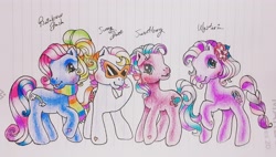 Size: 3417x1947 | Tagged: safe, artist:chatotpaint, rainbow dash (g3), sunny daze (g3), sweetberry, wysteria, earth pony, pony, g3, g3.5, alternate hairstyle, bow, braid, braided tail, clothes, cute, flower, flower in hair, hair bow, lined paper, multicolored eyes, new hairstyle, pixie cut, ponytail, ponytail rainbow dash, rainbow dash always dresses in style, scarf, short hair, short mane, sunglasses, tail, traditional art, wisteria, wysteriadorable