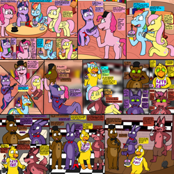 Size: 1920x1920 | Tagged: safe, artist:slywolf136, fluttershy, pinkie pie, rainbow dash, twilight sparkle, bear, bird, chicken, earth pony, fox, pegasus, pony, rabbit, unicorn, g4, animal, animatronic, bonnie (fnaf), book, bowtie, character to character, checkered floor, chica, comic, commission, crossover, cupcake, female, female to male, five nights at freddy's, food, foxy, freddy fazbear, golden oaks library, group, guitar, hat, hook, horn, mare, mental shift, microphone, mind control, musical instrument, necktie, pizzeria, reality shift, rule 63, speech bubble, stage, transformation, transgender transformation, unicorn twilight