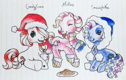 Size: 1280x813 | Tagged: safe, artist:chatotpaint, candy cane (g3), mittens (g3), snowflake (g3), earth pony, pony, g3, alternate hairstyle, blushing, candy, candy cane, chocolate, christmas, clothes, cookie, curly mane, eating, food, hair over one eye, happy, hat, holding cup, holiday, hot chocolate, lined paper, mug, new hairstyle, santa hat, scarf, short hair, short mane, socks, traditional art, wavy mane, winter