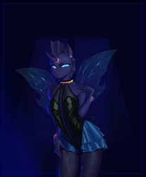 Size: 3028x3662 | Tagged: safe, artist:kirasunnight, oc, oc only, oc:trill, changeling, anthro, bodysuit, breasts, clothes, ear piercing, earring, female, fishnet clothing, fishnet stockings, glowing, glowing eyes, horn, jewelry, mare, outfit, piercing, reasonably sized breasts, solo, stockings, thigh highs, wings