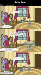 Size: 1920x3516 | Tagged: safe, artist:platinumdrop, bow hothoof, derpy hooves, rainbow dash, oc, oc:dusty hooves, comic:dusty acres, series:technoverse, g4, 3 panel comic, comic, commission, cute, dialogue, dizzy, flying, indoors, laughing, motion blur, playing, sad, serious, serious face, sitting, smiling, speech bubble, spinning, standing, talking