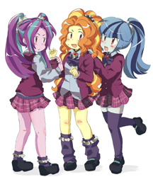 Size: 1198x1385 | Tagged: safe, artist:dbzrz, adagio dazzle, aria blaze, sonata dusk, human, rainbow rocks 10th anniversary, equestria girls, g4, :d, :o, adoragio, ariabetes, bowtie, clothes, collared shirt, crystal prep academy uniform, cute, fangs, female, gem, hair ornament, jacket, jewelry, kneesocks, long sleeves, loose socks, necklace, necktie, open mouth, open smile, pleated skirt, school uniform, scrunchie, shirt, shoes, simple background, skirt, smiling, socks, sonatabetes, spiked headband, standing, stars, sweat, sweatdrop, the dazzlings, thigh highs, trio, trio female, white background