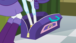 Size: 1280x720 | Tagged: safe, screencap, rarity, human, equestria girls, g4, my little pony equestria girls, bag, bending, boots, floor, grabbing, indoors, shoes, solo