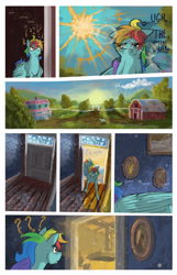 Size: 2088x3248 | Tagged: safe, artist:seventozen, rainbow dash, pegasus, pony, comic:the problem of parthus, g4, barn, comic, female, mare, solo, sun