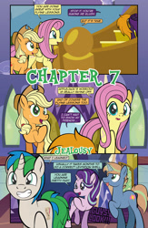 Size: 1920x2948 | Tagged: safe, artist:alexdti, applejack, fluttershy, starlight glimmer, oc, oc:brainstorm (alexdti), oc:purple creativity, oc:star logic, pony, comic:quest for friendship retold, g4, female, magic, mare, tongue out, twilight's castle