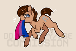 Size: 1000x673 | Tagged: safe, artist:maroonmads, oc, oc only, pony, unicorn, bisexual pride flag, commission, horn, obtrusive watermark, pride, pride flag, solo, watermark, ych result