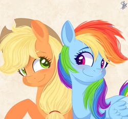 Size: 2048x1912 | Tagged: safe, artist:galaxy swirl, applejack, rainbow dash, earth pony, pegasus, pony, g4, applejack's hat, cowboy hat, duo, duo female, female, folded wings, freckles, hat, heart, heart eyes, lesbian, looking at each other, looking at someone, mare, ship:appledash, shipping, signature, smiling, smiling at each other, wingding eyes, wings