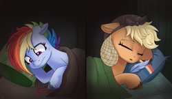 Size: 2048x1184 | Tagged: safe, artist:galaxy swirl, applejack, rainbow dash, earth pony, pegasus, pony, g4, the cutie re-mark, alternate hairstyle, alternate timeline, apocalypse dash, applecalypsejack, crystal war timeline, duo, duo female, eyes closed, feather, female, freckles, lesbian, lying down, mare, pillow, ship:appledash, shipping, signature, sleeping, unshorn fetlocks