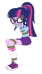 Size: 1800x3145 | Tagged: safe, artist:nie-martw-sie-o-mnie, sci-twi, twilight sparkle, human, equestria girls, g4, my little pony equestria girls: legend of everfree, bondage, bound and gagged, camp everfree outfits, female, femsub, gag, glasses, rope, rope bondage, simple background, sitting, solo, submissive, tape, tape gag, transparent background, twisub