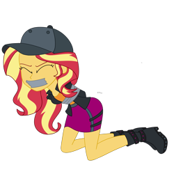 Size: 2500x2500 | Tagged: safe, artist:nie-martw-sie-o-mnie, sunset shimmer, human, display of affection, equestria girls, g4, my little pony equestria girls: better together, arm behind back, baseball cap, bondage, boots, bound and gagged, cap, eyes closed, female, femsub, gag, hat, kneeling, shoes, simple background, solo, submissive, subset, tape, tape bondage, tape gag, transparent background