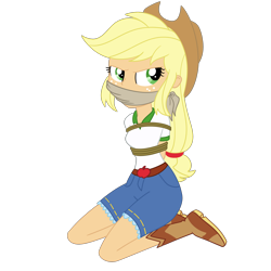 Size: 2000x2000 | Tagged: safe, artist:nie-martw-sie-o-mnie, applejack, human, equestria girls, g4, my little pony equestria girls: legend of everfree, applesub, arm behind back, bondage, boots, bound and gagged, camp everfree outfits, cloth gag, cowboy boots, cowboy hat, female, femsub, gag, hat, kneeling, rope, rope bondage, shoes, simple background, solo, submissive, transparent background