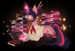 Size: 4283x2963 | Tagged: safe, artist:tyutya, twilight sparkle, pony, unicorn, g4, backwards cutie mark, book, clothes, female, glasses, gradient background, hair bun, horn, looking at you, magic, mare, pencil, pencil in mouth, ruler, shirt, signature, stars, stockings, telekinesis, thigh highs