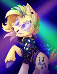 Size: 900x1165 | Tagged: safe, artist:mychelle, oc, oc:vivid vibrations, earth pony, pony, clothes, shirt, solo, star shaped glasses