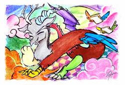 Size: 828x567 | Tagged: safe, artist:liaaqila, discord, draconequus, g4, abstract background, antlers, bread, cloud, crayon drawing, cute, discute, elf ears, flying, food, horn, male, passepartout, silly, solo, traditional art