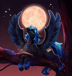 Size: 3331x3511 | Tagged: safe, artist:polnocnykot, oc, oc only, oc:star reader, pegasus, pony, g4, book, chest fluff, commission, commissioner:shaddar, constellation, ear fluff, feather, feathered wings, fluffy, full moon, gradient background, green eyes, implied princess luna, looking up, lying down, magic, magic book, male, moon, night, open book, open mouth, outdoors, pony oc, sky, smiling, solo, spread wings, stars, teeth, tree, tree branch, unshorn fetlocks, wings