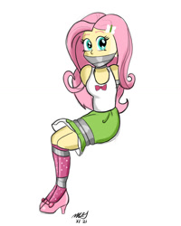 Size: 827x1035 | Tagged: safe, artist:cpuknightx1, fluttershy, human, equestria girls, g4, bondage, bound and gagged, breasts, gag, simple background, solo, tape, tape bondage, tape gag, white background