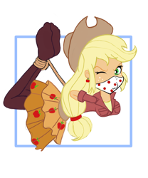 Size: 2500x3000 | Tagged: safe, artist:cpuknightx1, applejack, equestria girls, g4, applesub, bondage, bound and gagged, breasts, busty applejack, cloth gag, clothes, cowboy hat, female, femsub, freckles, gag, hat, hogtied, looking at you, one eye closed, over the nose gag, pantyhose, rope, rope bondage, skirt, solo, submissive