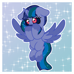 Size: 1308x1308 | Tagged: safe, artist:yoshter7, oc, oc only, oc:eris sparkle, alicorn, hybrid, pony, colored sclera, commission, commissioner:prixy05, female, filly, floating, flowing mane, flowing tail, foal, gradient background, interspecies offspring, offspring, parent:discord, parent:twilight sparkle, parents:discolight, red eyes, shy, solo, sparkly background, sparkly mane, tail