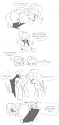 Size: 956x2022 | Tagged: safe, artist:wooodd_, starlight glimmer, trixie, pony, unicorn, g4, alicorn amulet, black and white, comic, dialogue, duo, duo female, english, female, grayscale, horn, looking at butt, monochrome, simple background, staff, staff of sameness, talking, white background