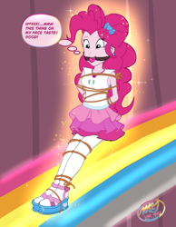 Size: 3500x4500 | Tagged: safe, artist:cpuknightx1, pinkie pie, human, equestria girls, equestria girls specials, g4, my little pony equestria girls: dance magic, ballgag, bondage, bound and gagged, female, femsub, gag, magic, pinkiesub, rainbow, rope, rope bondage, solo, submissive, text, thought bubble, tied up