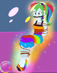 Size: 3500x4500 | Tagged: safe, artist:cpuknightx1, part of a set, rainbow dash, human, equestria girls, equestria girls specials, g4, my little pony equestria girls: dance magic, ankle socks, ballgag, bondage, bound and gagged, dashsub, female, femsub, gag, high heels, magic, rainbow, rope, rope bondage, shoes, solo, submissive, tied up