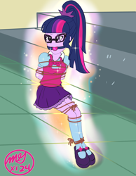 Size: 3500x4500 | Tagged: safe, artist:cpuknightx1, part of a set, sci-twi, twilight sparkle, human, equestria girls, g4, ballgag, bondage, bound and gagged, gag, glasses, magic, rope, rope bondage, tied up