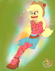 Size: 3500x4500 | Tagged: safe, artist:cpuknightx1, part of a set, applejack, human, equestria girls, g4, applesub, ballgag, bondage, bound and gagged, breasts, cowboy hat, female, femsub, freckles, gag, hat, high heels, magic, rope, rope bondage, shoes, solo, submissive, tied up