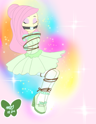 Size: 3500x4500 | Tagged: safe, artist:cpuknightx1, part of a set, fluttershy, human, equestria girls, g4, my little pony equestria girls: better together, so much more to me, ballgag, bondage, bound and gagged, breasts, clothes, dress, eyes closed, female, femsub, fluttersub, gag, high heels, magic, shoes, solo, submissive