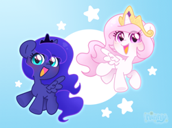 Size: 3427x2563 | Tagged: safe, artist:ninnydraws, princess celestia, princess luna, alicorn, g4, blushing, cewestia, crown, cute, duo, female, filly, filly luna, flying, foal, jewelry, looking at you, regalia, smiling, wingding eyes, woona, younger