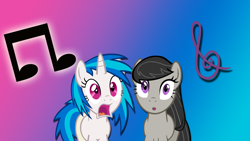 Size: 1920x1080 | Tagged: safe, artist:dawn-sparkle06, dj pon-3, octavia melody, vinyl scratch, earth pony, pony, unicorn, g4, duo, duo female, female, gradient background, horn, mare, wallpaper