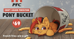 Size: 3136x1668 | Tagged: safe, artist:dorkmark, oc, oc only, oc:selest light, pony, unicorn, :p, chibi, cute, ear fluff, food, french fries, horn, kfc, male, solo, stallion, text, tongue out, unicorn oc