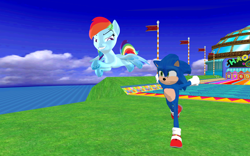 Size: 1920x1200 | Tagged: safe, artist:puzzlshield2, rainbow dash, hedgehog, pegasus, pony, g4, 3d, crossover, duo, female, flying, gotta go fast, male, mmd, outdoors, racing, running, sega, sonic the hedgehog, sonic the hedgehog (film), sonic the hedgehog (series)